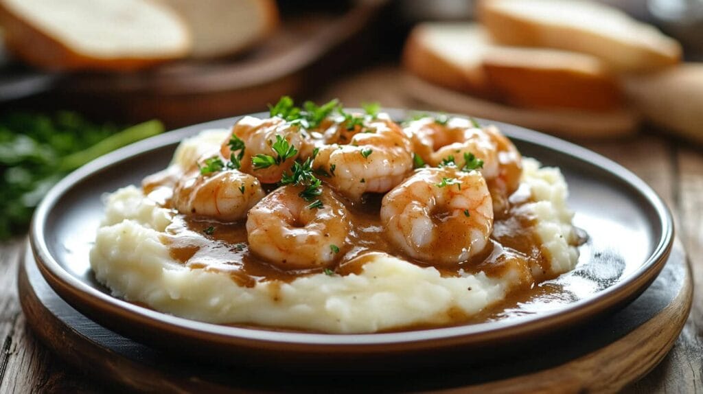 A delicious plate of Langostino Mushroom Sour Cream Gravy served over creamy mashed potatoes, garnished with fresh parsley.