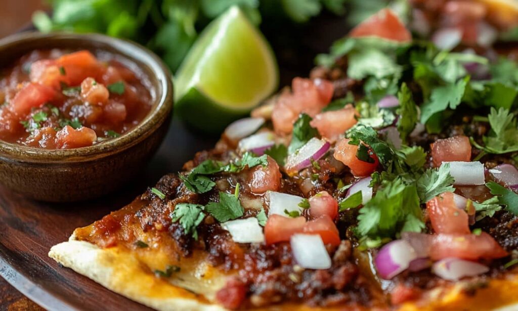 A plated birria pizza slice topped with fresh cilantro, diced tomatoes, and served with a side of salsa in a rustic bowl and lime wedges.