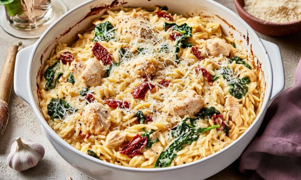 Marry Me Chicken Orzo, a baked dish with tender chicken, sun-dried tomatoes, spinach, and orzo pasta topped with parmesan, served in a white casserole dish on a textured surface.