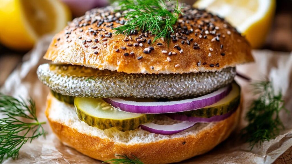 A delicious Matjesbrötchen sandwich featuring pickled herring, pickles, and red onions in a seeded bun, offering an authentic Matjesbrötchen experience.