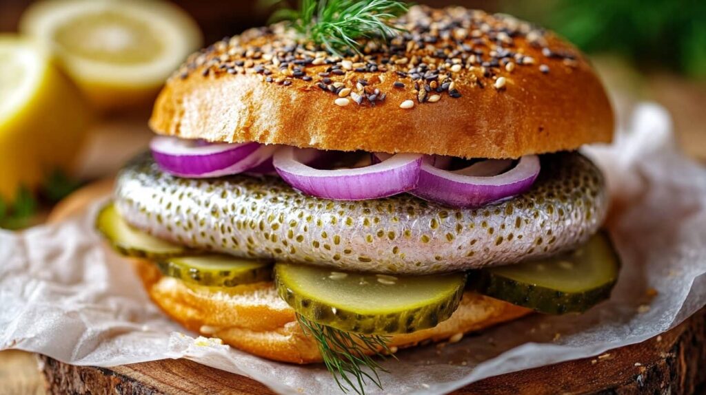 A close-up of a traditional Matjesbrötchen recipe sandwich with pickled herring, red onions, and pickles in a seeded bun, garnished with dill.