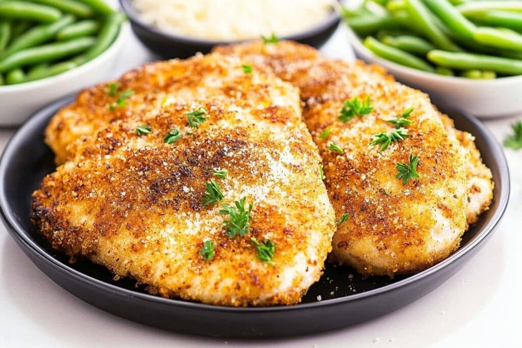 Crispy parmesan-coated chicken breasts garnished with parsley.