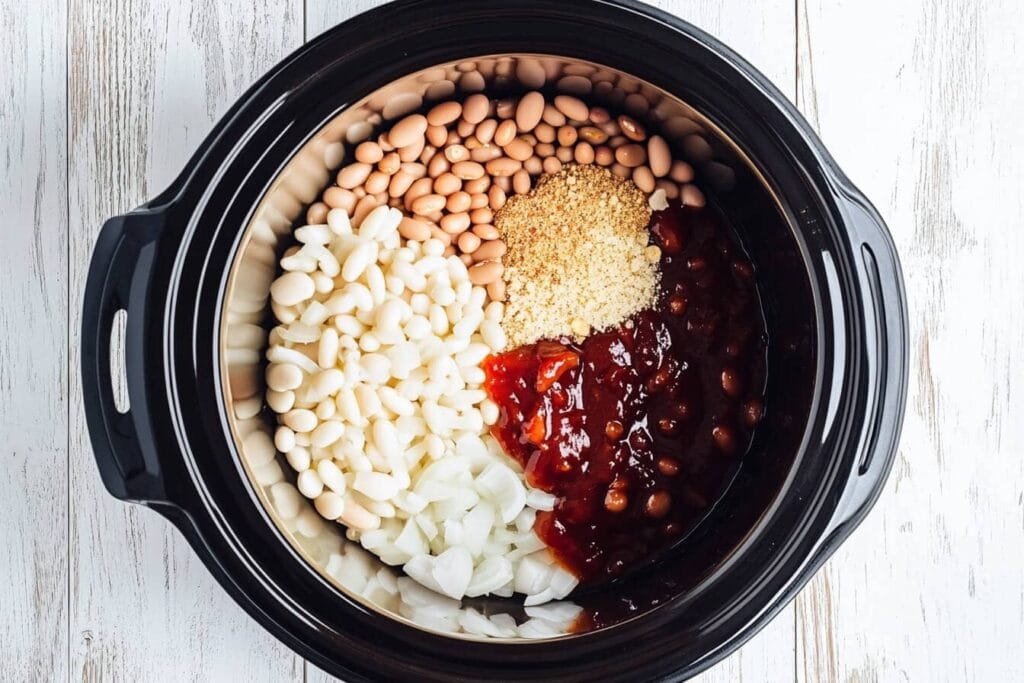 A crockpot filled with raw ingredients for baked beans, including beans, chopped onions, ketchup, barbecue sauce, brown sugar, and spices, on a white wooden surface.