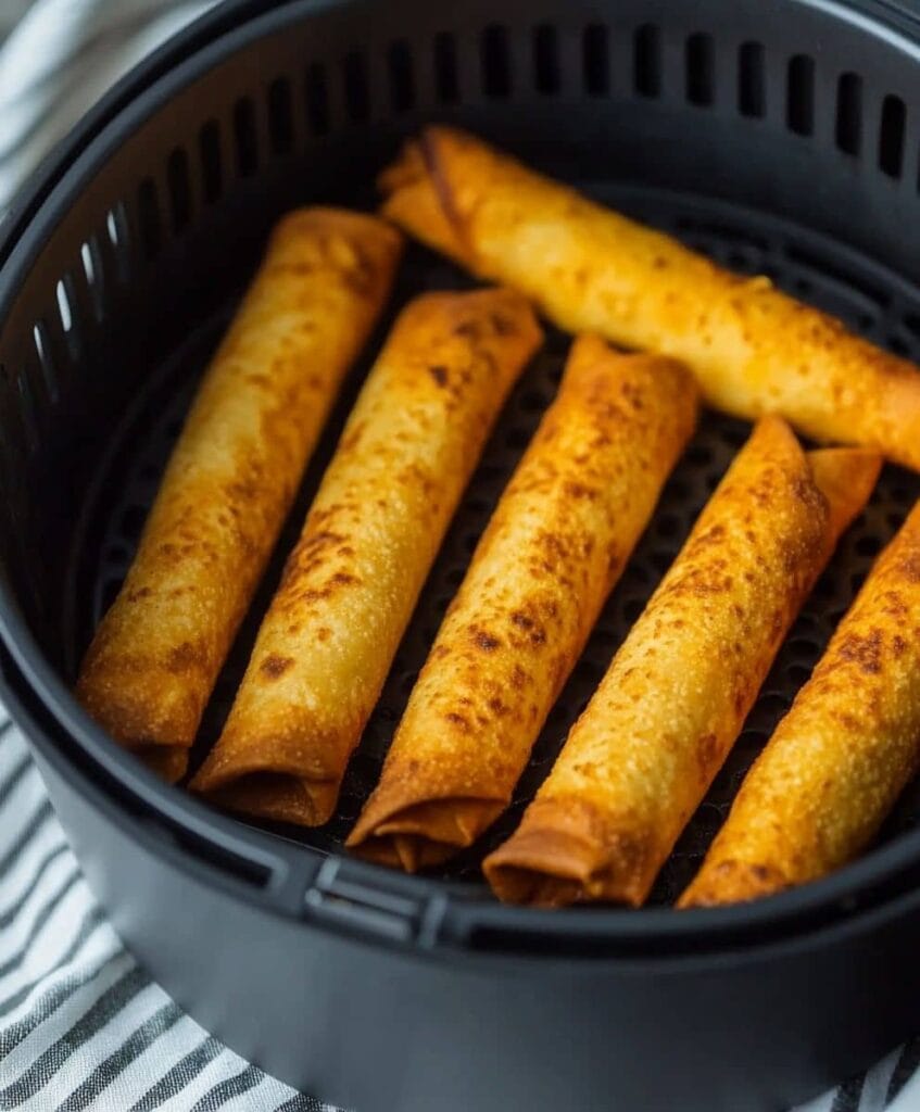  Frozen taquitos cooked in an air fryer basket, golden and crisp, placed inside the fryer with striped fabric in the background.