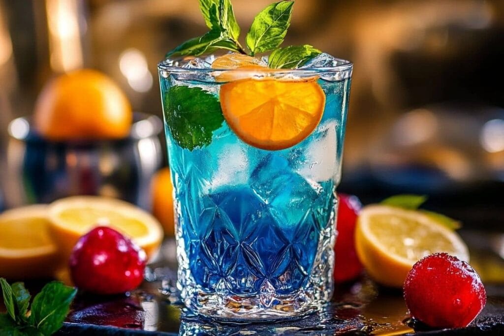 A vibrant blue cocktail from the Step-by-Step Preparation of Jalbitedrinks, garnished with an orange slice, fresh mint leaves, and served in an elegant glass surrounded by fresh fruits.