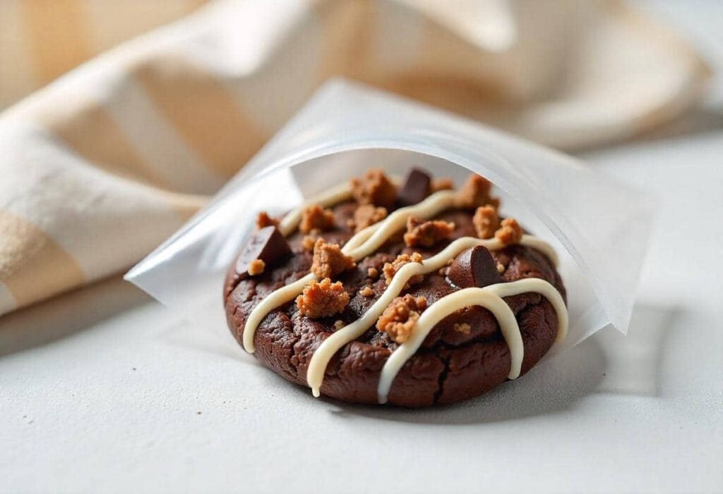 A rich chocolate cookie with white chocolate drizzle, chocolate chunks, and crumbly topping, partially wrapped in a clear resealable bag on a white surface with a beige-striped cloth in the background.