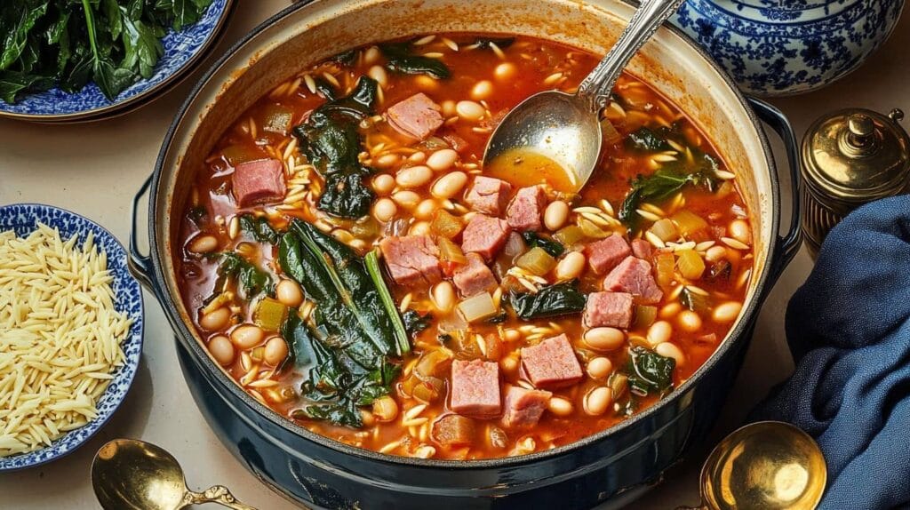 A large pot of swamp soup with beans, diced ham, leafy greens, and orzo pasta in a rich tomato-based broth, ready to be served.