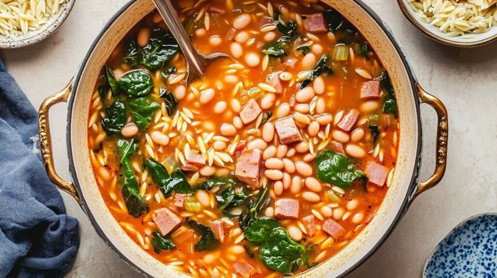 A large pot of swamp soup filled with white beans, diced ham, spinach, and orzo pasta in a rich tomato broth, ready to be served.