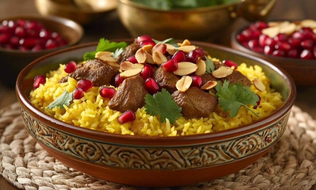 A Terra Massoud-inspired saffron rice dish with tender meat, pomegranate seeds, almonds, and cilantro in a traditional ceramic bowl.