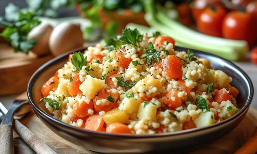 A close-up of a Terra Massoud recipe couscous with carrots, potatoes, and fresh parsley in a bowl.