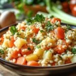 A close-up of a Terra Massoud recipe couscous with carrots, potatoes, and fresh parsley in a bowl.