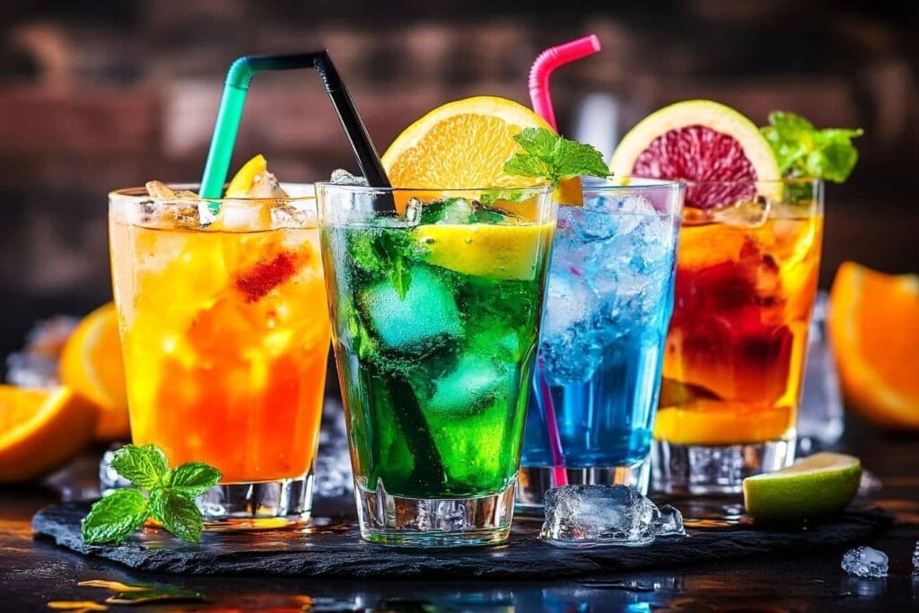 A colorful assortment of four Jalbitedrinks cocktails, featuring orange, green, blue, and red hues, garnished with citrus slices and mint leaves, served in tall glasses with ice and vibrant straws.