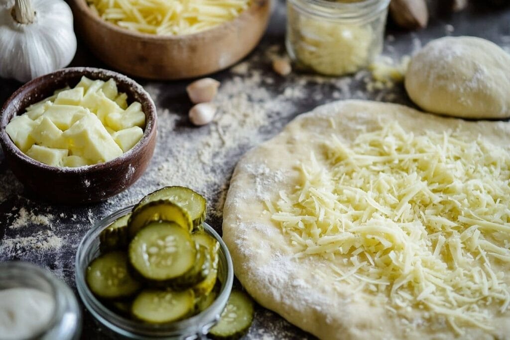 A pizza dough sprinkled with grated cheese, surrounded by ingredients like sliced pickles, diced cheese, garlic, and flour.