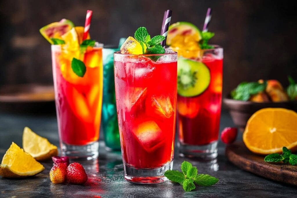  A variety of vibrant Jalbitedrinks Liquor cocktails in tall glasses, featuring red and yellow hues, garnished with fresh mint, citrus slices, and kiwi, surrounded by fruits.