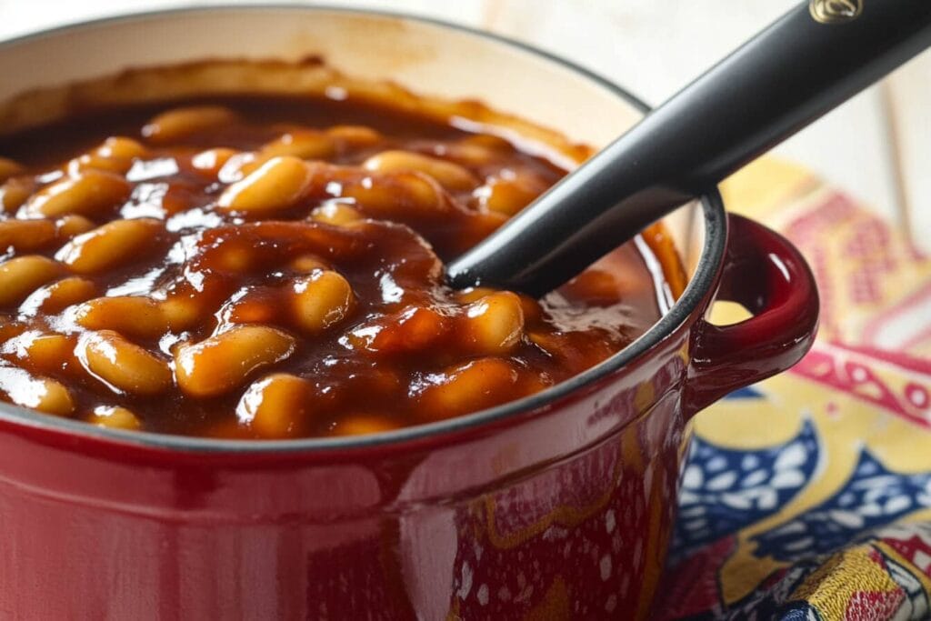  Close-up of baked beans in a red pot, covered in a rich, glossy barbecue sauce with a colorful cloth in the background.