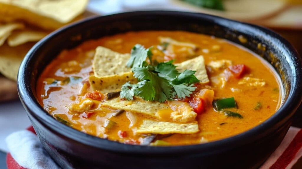 A bowl of creamy tortilla soup featuring crispy tortilla chips, diced tomatoes, peppers, and fresh cilantro, served in a black ceramic bowl.