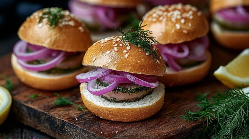 A selection of mini sandwiches showcasing the Traditional Matjesbrötchen Recipe, featuring pickled herring, red onions, and dill in a sesame bun, served on a wooden board.