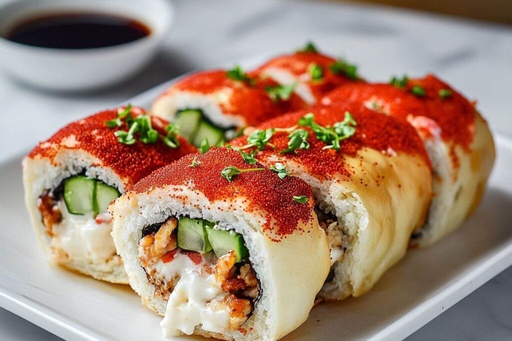 A close-up of Boston Roll sushi, featuring neatly sliced rolls filled with cooked shrimp, avocado, and cucumber, garnished with vibrant orange masago. The dish is served with soy sauce, pickled ginger, and wasabi on a clean white plate.