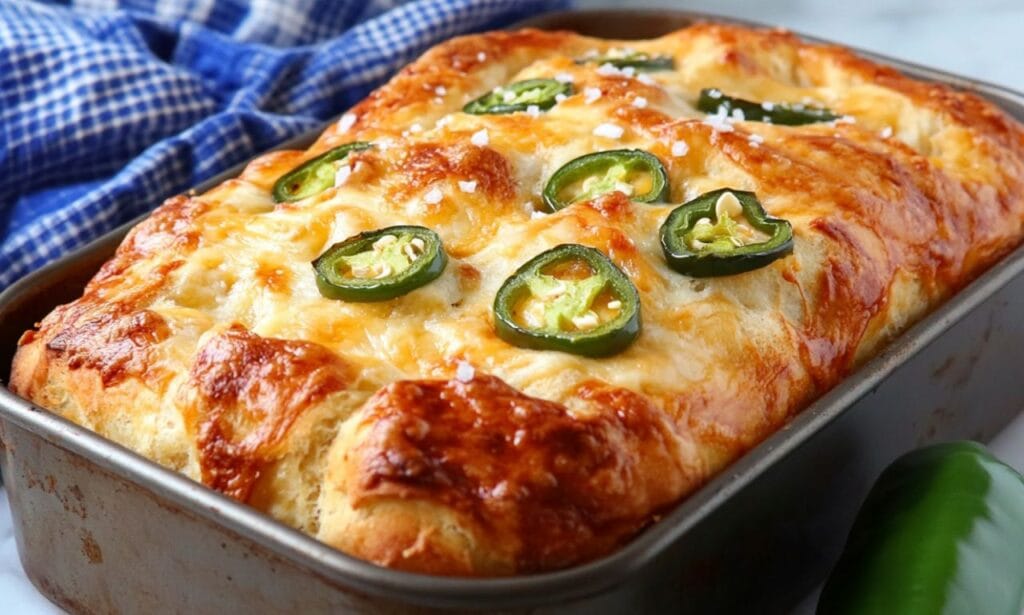 Vegan Jalapeño Cheese Artisan Bread Recipe in a metal baking pan, garnished with sliced jalapeños and coarse salt.