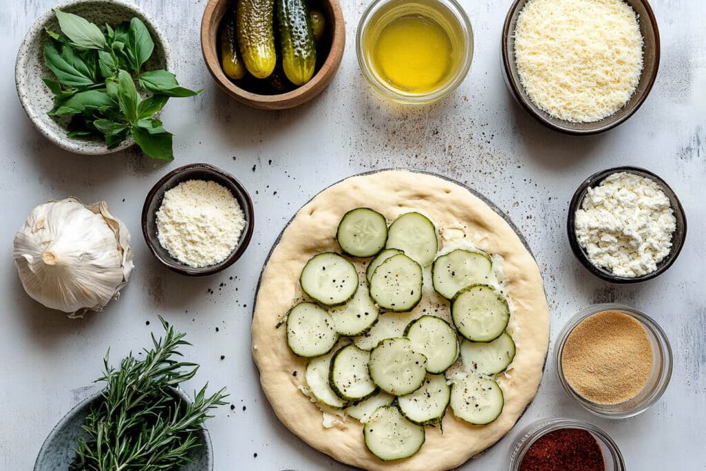 A flatlay of ingredients for making pizza, including fresh basil, pickles, grated cheese, olive oil, garlic, and dough topped with cucumber slices.