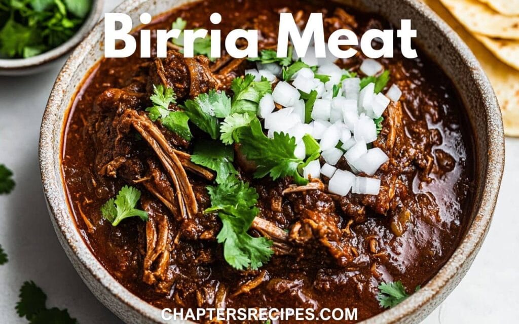 What is the birria meat made of?, A bowl of shredded birria meat in a rich chili-based sauce, garnished with cilantro and onions, with "Birria Meat" text overlay.