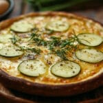 A close-up of a freshly baked pizza topped with zucchini slices, herbs, and a golden cheese crust on a wooden table.