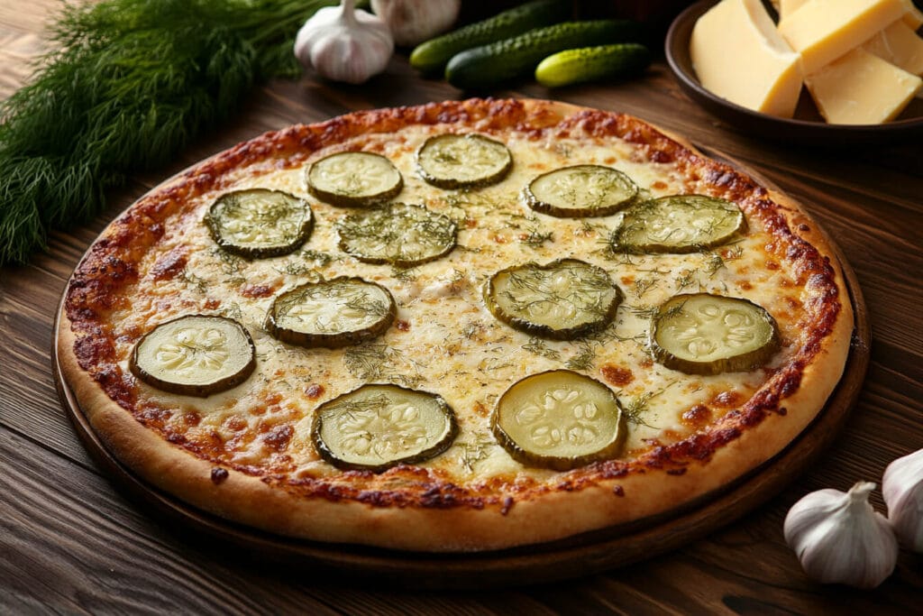 A baked pizza topped with melted cheese, pickle slices, and dill, surrounded by garlic, dill sprigs, cucumbers, and cheese on a wooden table.