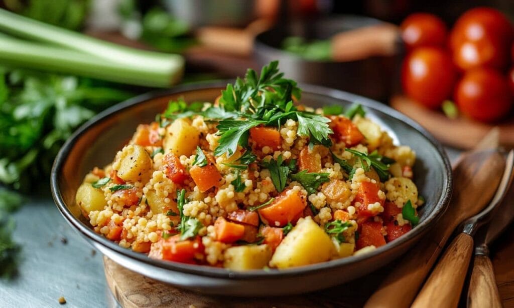 A bowl of authentic Terra Massoud recipe couscous recipe with carrots, potatoes, parsley, and spices, placed in a rustic kitchen setting.