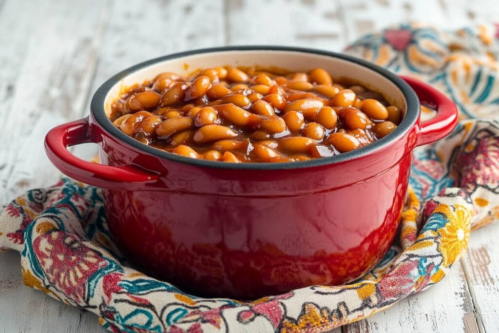 A red ceramic pot filled with baked beans in rich, glossy sauce, placed on a colorful patterned cloth over a rustic white wooden table.