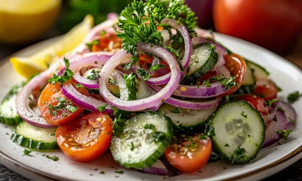 A fresh cebolla ensalada recipe featuring cucumber slices, cherry tomatoes, red onion rings, and parsley, served on a white plate.