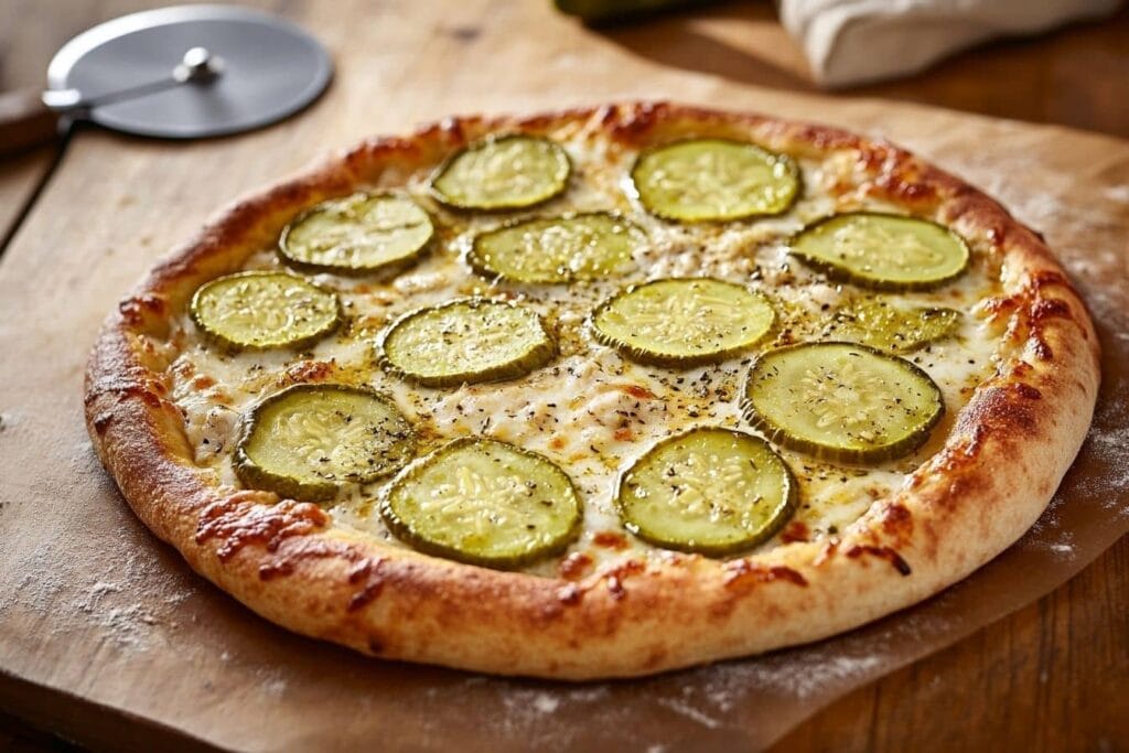 A close-up of a pickle pizza topped with slices of pickles, melted cheese, and seasoning on a golden-brown crust.