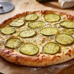 A close-up of a pickle pizza topped with slices of pickles, melted cheese, and seasoning on a golden-brown crust.