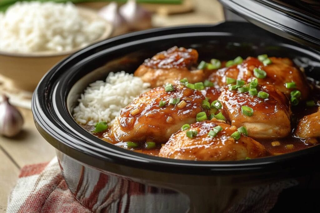 easy crockpot meals Honey garlic chicken pieces in a slow cooker, coated in a glossy sauce, topped with green onions, served alongside white rice.