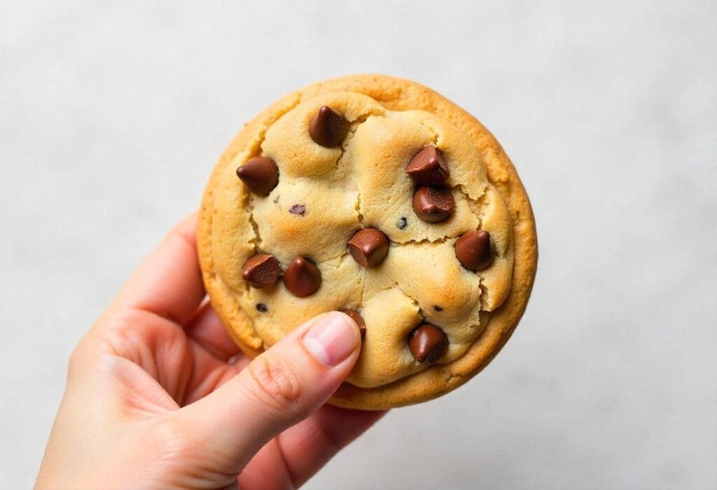 A close-up of a hand holding a freshly baked chocolate chip crumbl cookie with golden edges and melty chocolate chips.