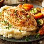 A plate of parmesan-crusted chicken served with mashed potatoes, roasted carrots, and golden baby potatoes garnished with parsley.