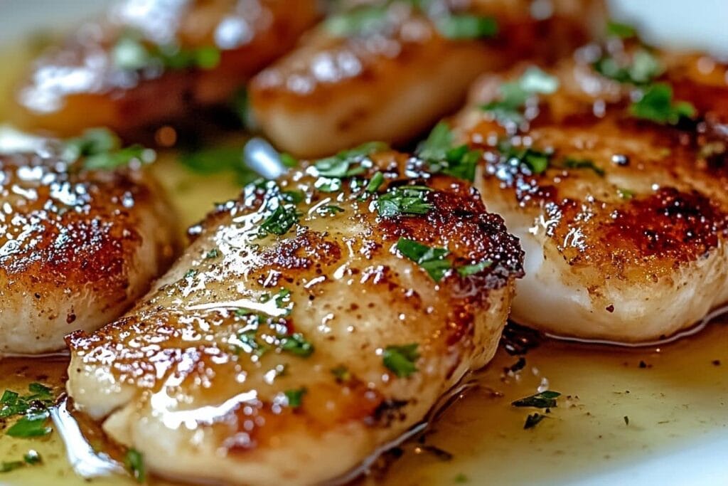 Close-up of golden-brown pan-seared scallops garnished with parsley and drizzled with butter sauce.