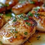 Close-up of golden-brown pan-seared scallops garnished with parsley and drizzled with butter sauce.