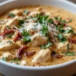 A bowl of creamy chicken soup garnished with fresh parsley, grated Parmesan cheese, and sun-dried tomatoes on a rustic wooden table.