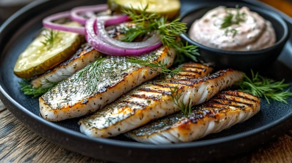 A flavorful grilled Matjes herring dish served with pickles, red onions, fresh dill, and a creamy dipping sauce on a black plate.
