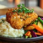 A plate of golden-brown parmesan-crusted chicken served with creamy mashed potatoes and vibrant sautéed vegetables.