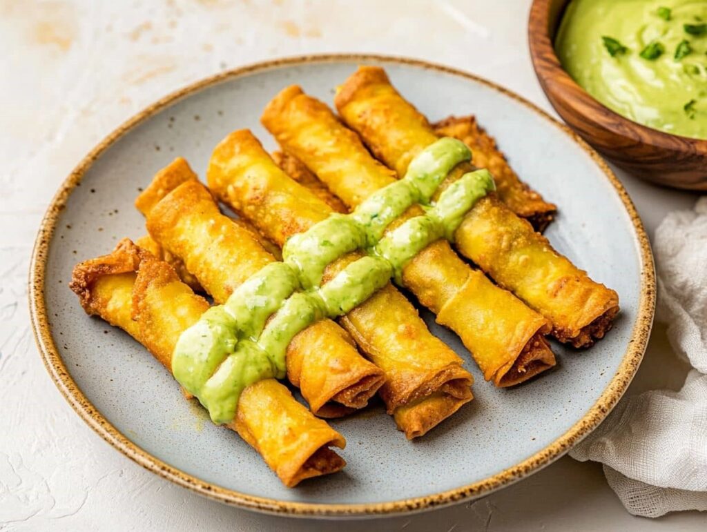 Frozen taquitos cooked in an air fryer, arranged on a plate and topped with creamy avocado sauce, with a wooden bowl of avocado dip nearby.