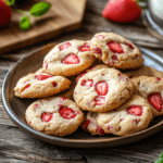 A plate of strawberry cookies with visible chunks of strawberries, surrounded by fresh strawberries, cheesecake, and a glass of milk on a wooden table.