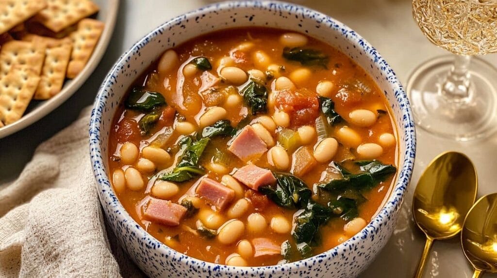 A close-up of a bowl of swamp soup recipe, featuring white beans, ham, and leafy greens in a savory tomato broth, served with crackers and a drink.