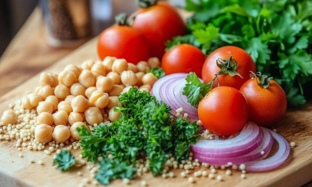 terra massoud ingredients couscous recipe, including chickpeas, couscous, tomatoes, red onion slices, and parsley on a wooden board.