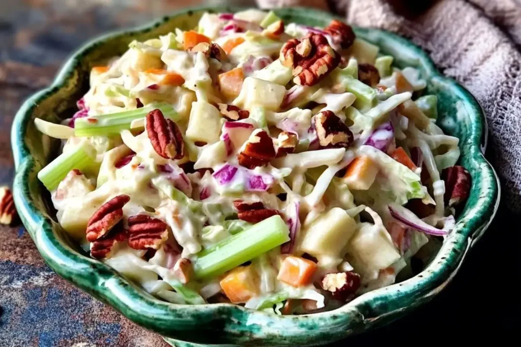 A bowl of apple cranberry coleslaw with shredded cabbage, diced apples, dried cranberries, pecans, and a creamy dressing.