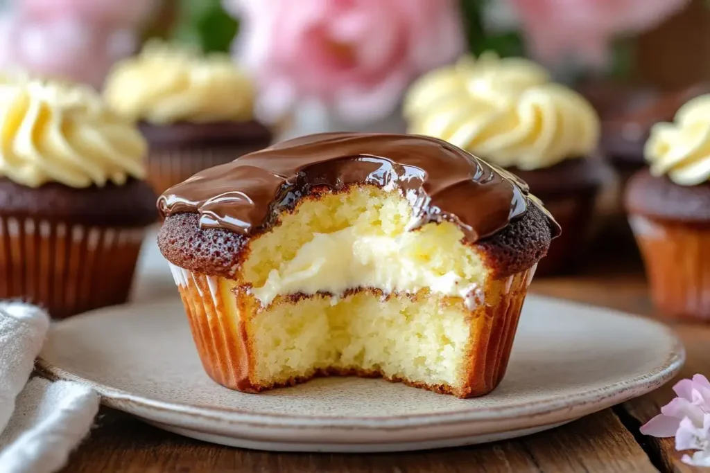 A close-up of a Boston Cream Cupcake with a bite taken out, showing its creamy custard filling. The cupcake has a soft vanilla cake base and is topped with a smooth chocolate ganache. Other Boston Cream Cupcakes with piped cream frosting are blurred in the background.