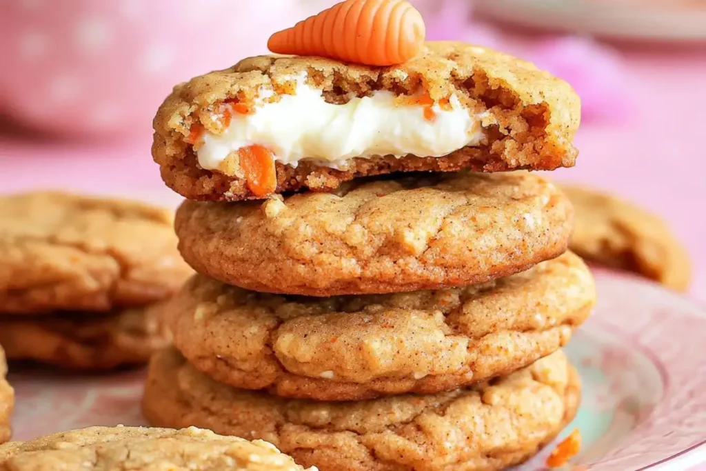 A stack of carrot cake cookies with a creamy cheese filling, topped with a small decorative carrot.