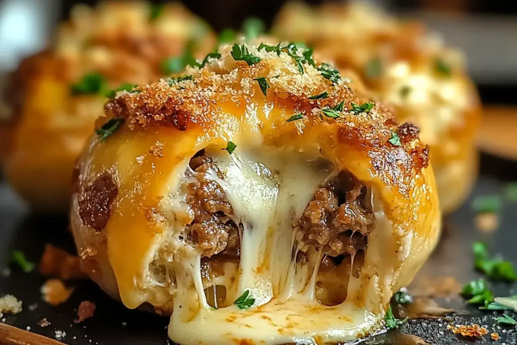 A close-up of a Garlic Parmesan Cheeseburger Bomb with a crispy golden crust, filled with melted cheese and seasoned ground beef.