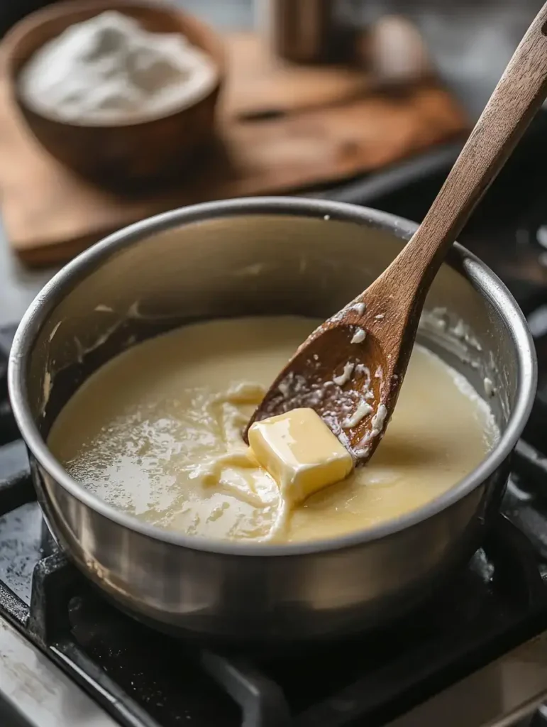  A saucepan on a stovetop with butter melting into a creamy vanilla sauce, stirred with a wooden spoon. A wooden board with a bowl of flour is in the background.