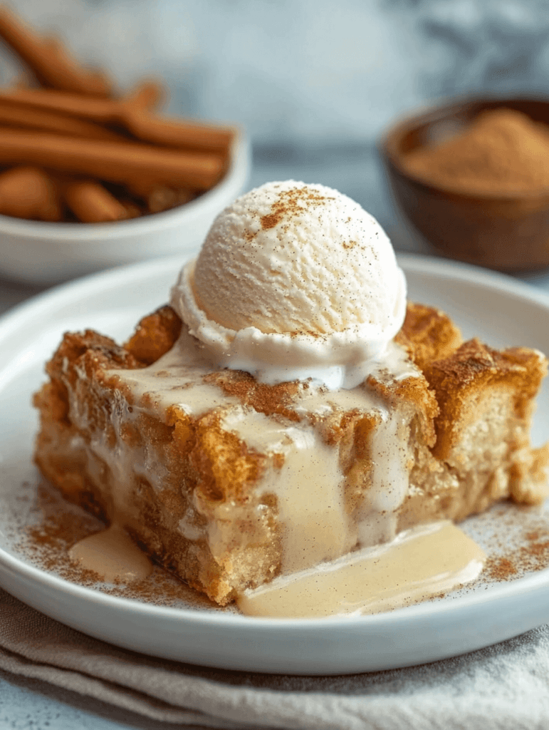 A slice of Grandma’s old-fashioned bread pudding drizzled with vanilla sauce and topped with a scoop of vanilla ice cream, served on a white plate with cinnamon sticks in the background.